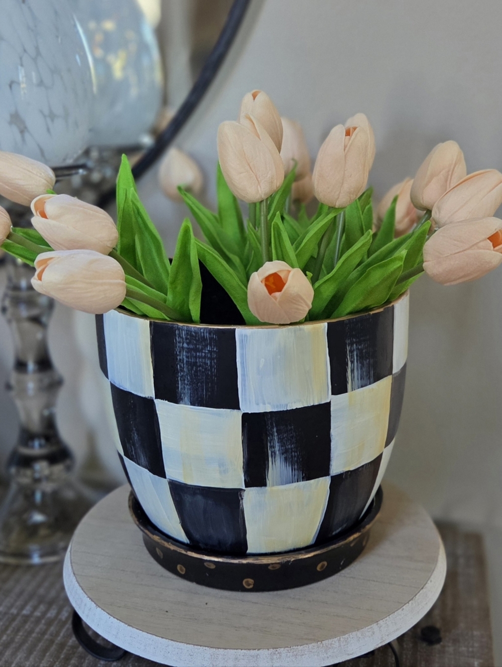 New! Checked, Hand Painted Ceramic Planter!